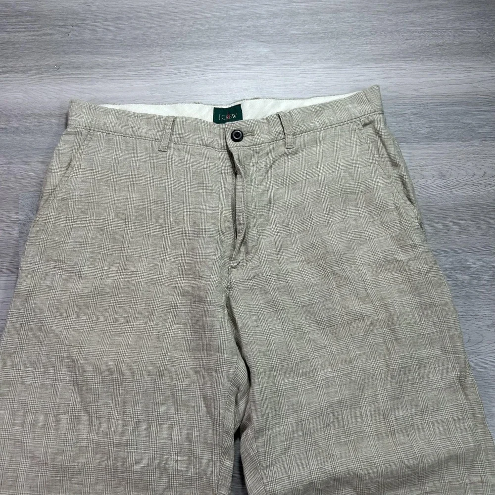 J Crew Oarsman Pants Mens 32x30 Beige Linen Plaid Chino Straight Casual